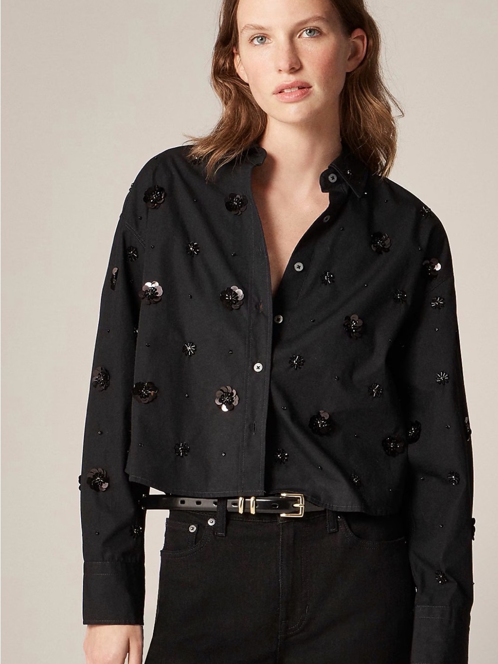 J. CREW Étienne Cropped Button-up Shirt in Embellished Cotton Poplin Black Sz. M